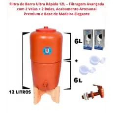 Filtro de Barro Gourmet 12L - Filtragem Avançada com 2 Velas + 2 Boias, Base de Madeira