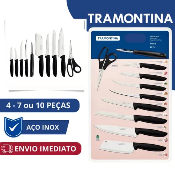 Jogo De Facas Inox Tramontina 4 Peças Conjunto Faqueiro Jogo de Faca de Cozinha Com Plenus Preto