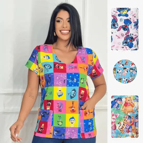 Blusa Bata Scrubs Feminina Estampada Divertidamente Personagens Profissões Pijama Cirúrgico