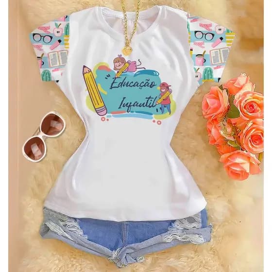Blusa Feminina Camiseta T shirt Polielastano Manga Estampada Educação Infantil