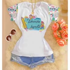 Blusa Feminina Camiseta T shirt Polielastano Manga Estampada Educação Infantil