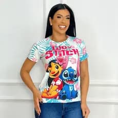 Blusa T-shirt Feminina Lilo Stitch Premium Básica Manga Curta Cores Vivas Moda Tendênica