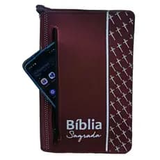 Capa para Bíblia Sagrada Média com Zíper e Bolso Externo Porta Celular Vinho - N° 11
