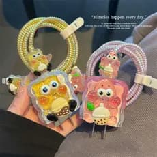 Capa Protetora De Bob Esponja De Desenho Animado 3D Compatível Com Apple 16 Pro Max De Cabo De Carregador 20W Cabeça De