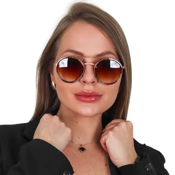 Óculos de Sol Escuro Redondo Aro Com Detalhe Proteção Uv Feminino Mônica Doha Fashion