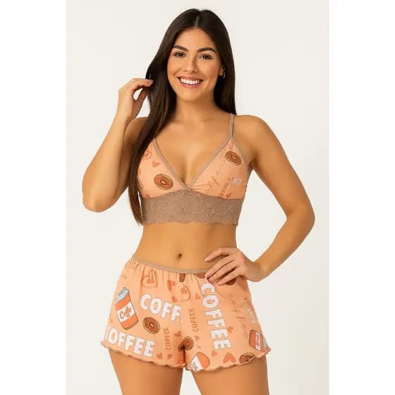 Baby Doll Cropped Top Doll Renda Shortinho Verão Roupa de Dormir Moda Intima Feminina Linha Noite Espera Marido