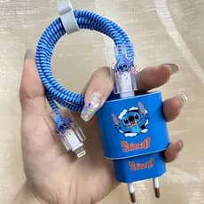 49FC  Adesivo protetor 4 em 1 para carregador de iPhone, com estampa fofa do Stitch, compatível com carregadores Apple