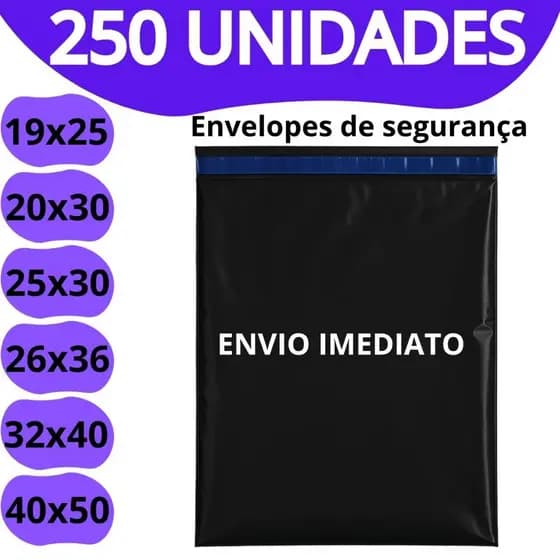 Kit 250 Envelopes Segurança Embalagem De Envio Correio Preto  19x25 20x30 25x30 26x36 32x40 40x50