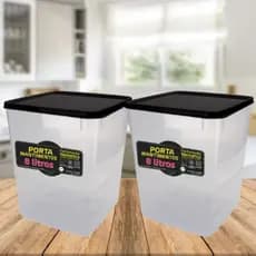 Kit 2 Potes Herméticos 5kg Arroz Capacidade 8,0L Tampa Preta Empilháveis Retangular Tampa Trava