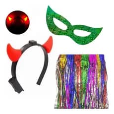 Kit Festa Com Tiara Saia E Máscara Holográfica Kit Bloquinho de Rua Pacote Carnaval Saia de Fita Chifrinho de LED