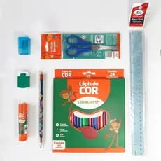 Kit Escolar 7 Itens Volta Às Aulas Lápis De Cor Tesoura Borracha Cola Bastão Régua Lápis Apontador
