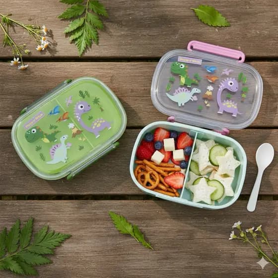 Marmita Lancheira Infantil Happy Dino  Escolar Divisória Removível e Talher 600 ML