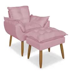 Kit Poltrona Rosa Com Puff Para Amamentação Suede Pés Palito -