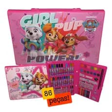 Patrulha Canina Filhotes Rosa | Estojo Escolar Infantil Maleta De Pintura 86 Peças Cães Paw Patrol
