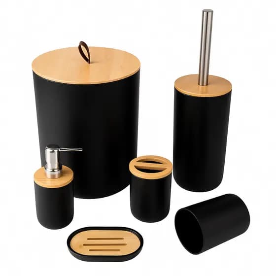 Kit Com 6 Peças Banheiro Conjunto Completo Lixeira Tampa Basculante Bambu Lavabo Escova Sanitária