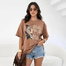 Camiseta Moda Street, Onça Savana Casual, Tendêncial Animal Print