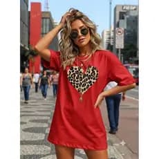 Oversized Coração Onça, Print Animal, Moda Casual Despojado Tendência Camiseta