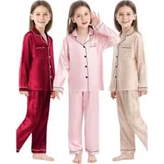 Pijama Infantil Americano Cetim Toque de Seda Manga Longa Calça Bolso e Botão