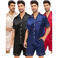Pijama Masculino Marcos em Cetim com Elastano Short e Camisa Manga Curta com Bolso e Botões