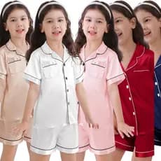 Pijama Infantil Americano Unissex Cetim de Seda com Elastano Short Camisa Manga Curta botões Bolso