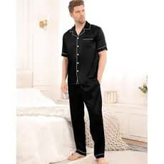 Pijama Americano Masculino Cetim de Seda Calça e Camisa Manga Curta com bolso e botões Preto