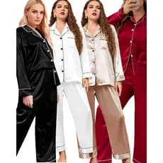 Pijama Plus Sized Americano Feminino Cetim de Seda Calça e Manga Cumprida com bolso e botões