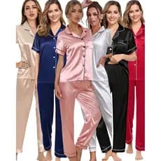 Pijama feminino Americano Cetim de Seda com Elastano Bolso e Botão Calça e Camisa Manga Curta