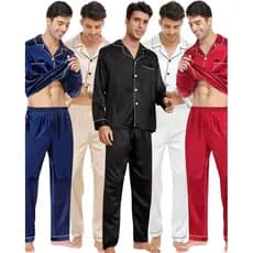 Pijama Masculino Alfredo em Cetim com Elastano Calça e Camisa Manga Longa com Bolso e Botões