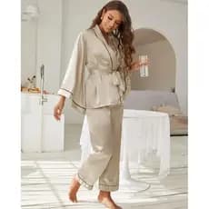 Pijama Feminino Kimono Ava Cetim Liso Calça com Manga Longa - Champanhe