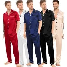 Pijama Americano Masculino Cetim de Seda Antoni Meia Estação Calça e Manga Curta com bolso e botões