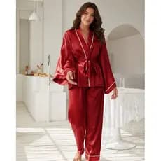 Pijama Feminino Roupão Kimono Cetim Liso Calça com Manga Longa flaire - Vermelho