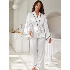 Pijama Feminino Kimono Ava Cetim Liso Calça com Manga Longa - Branco