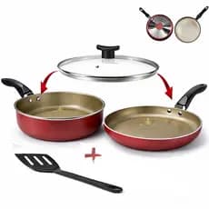 Kit Frigideira 22cm Antiaderente Panquequeira 22cm  Não Gruda com Tampa de Vidro Espatula Teflon