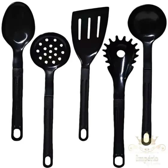 Kit Utensílios Para Cozinha De Nylon 5 Peças Preta Conjunto Resistente A Altas Temperaturas