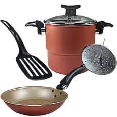 Kit Cuscuzeiro 16cm com Tampa de Vidro + Frigideira Francesa 16cm | Antiaderente 5 Camadas Teflon