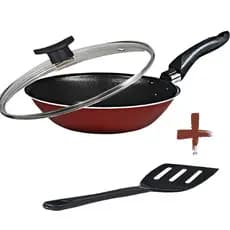 Frigideira Francesa Antiaderente  Com Tampa De Vidro E Espátula 16cm Teflon Cor Vermelha E Preta Alumínio Reforçada