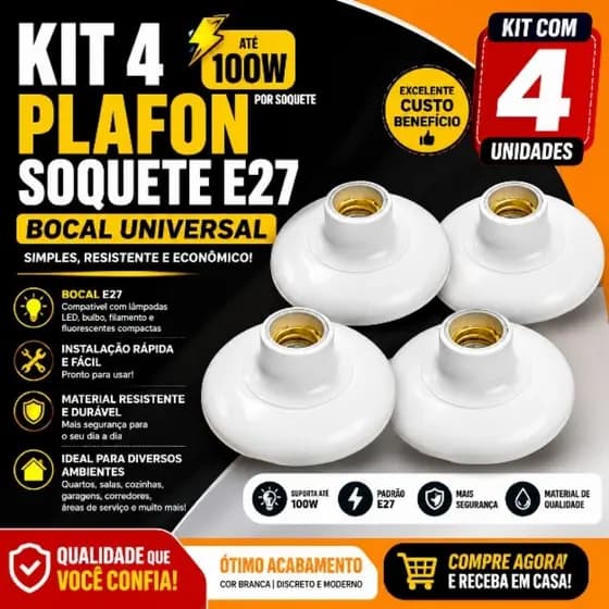 💡 KIT 4 PLAFON-SOQUETES E27 🔌 BOCAL UNIVERSAL ⚡ ATÉ 100W 🏠 IDEAL PARA RESIDÊNCIAS, COMÉRCIOS E GARAGENS ✨
