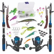 KIT DE PESCA C/2 VARAS + 2 MOLINETES + ISCAS  + ITENS