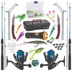 KIT DE PESCA 10KG COMPLETO C/ 2 VARAS DUAS PARTES + 2 MOLINETES + LANTERNA + 2 CANIVETES + MALETA + SUPORTE + ITENS
