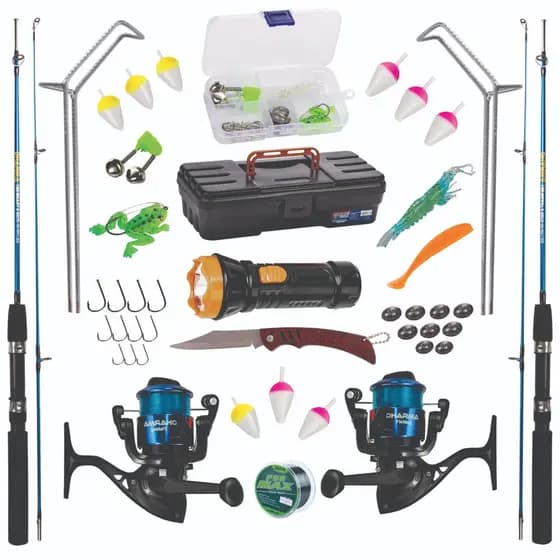 KIT DE PESCA 10KG C 2 VARAS 2 PARTES + 2 MOLINETES + ITENS