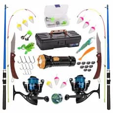 18 KIT DE PESCA COMPLETO 10KG C/ 2 VARAS FLEXIVEIS + 2 MOLINETES + LANTERNA + ITENS