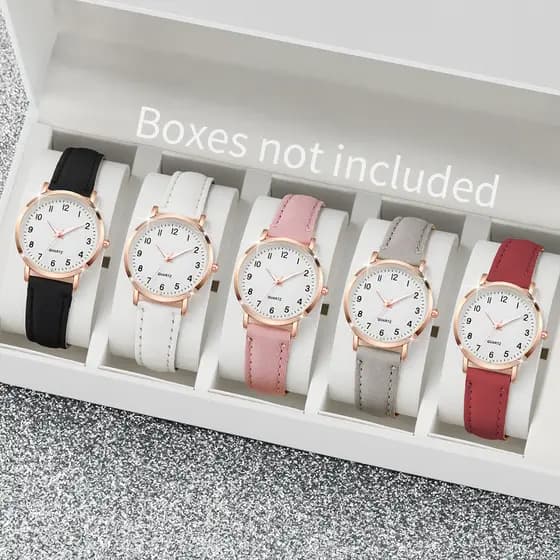 5PCS/Conjunto Relógio de Quartzo Feminino com Mostrador Árabe e Pulseira de Couro para Senhoras(Sem Caixa)