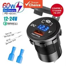 Carregador de Carro 60w com Display de Voltagem, Porta Usb Tipo C Pd+qc3.0 de Duas Saídas para Motocicleta, Caminhão e
