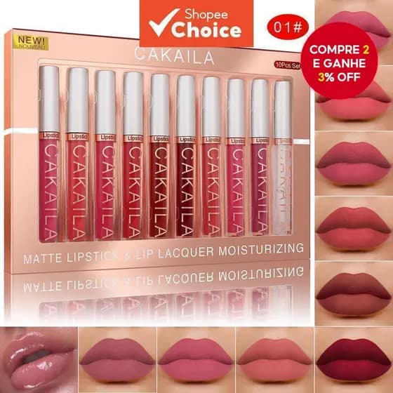Conjunto de Batons Matte CAKAILA, longa duração, à prova d'água, não gruda e não desbota.