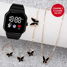Conjunto De Relógio Digital Feminino Elegante De 6 Peças-Pulseira De Silicone Com Tela LED , E Colar Borboleta