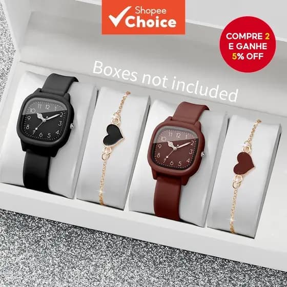 2/4 Pçs Moda Quadrada Relógios Femininos Casual Pulseira De Silicone Relógio De Pulso De Quartzo Com Coração Conjunto Me
