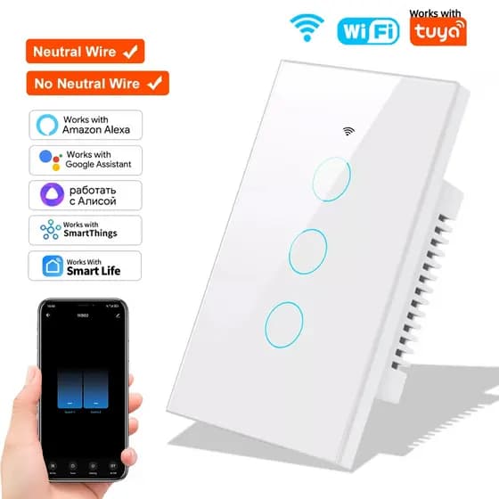 Interruptor De Parede Inteligente WiFi US Touch Sem Necessidade Neutra Smart Life Fio