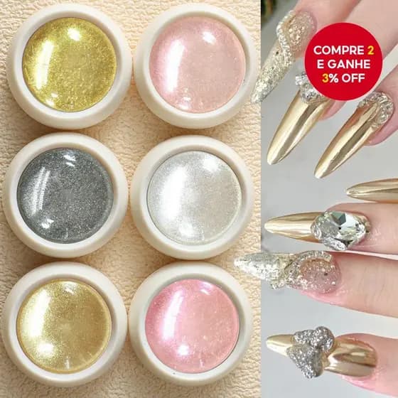 Novo conjunto de pó para unhas com glitter - 6 cores de pó espelho mágico e brilho intenso em ouro champanhe.