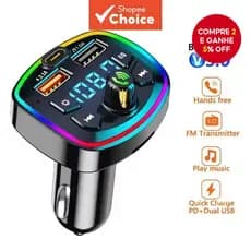 Transmissor FM Para Carro Bluetooth 5.0 Carregador Sem Fio USB Tipo C