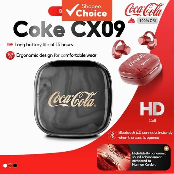 Fones de Ouvido Sem Fio Bluetooth Coca-Cola, Design com Presilha, Leve, Confortável, Redução de Ruído, Ideal para